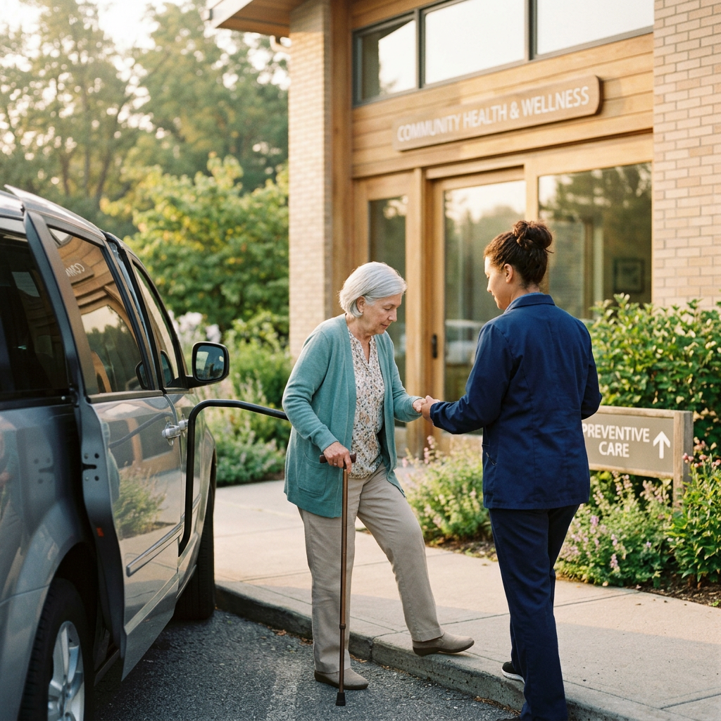 Healthcare worker assisting an older woman with a cane outside a wellness center